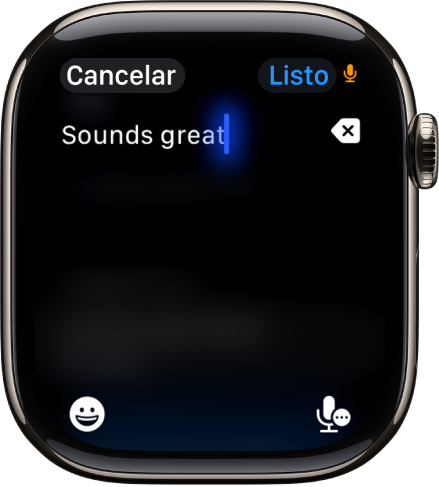 La pantalla del campo de texto muestra un mensaje creado con dictado. Los botones Emoji y Dictado se encuentran en la parte inferior de la pantalla.