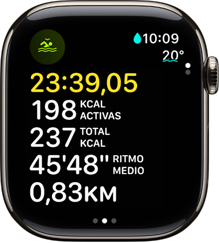 Un entreno de natación en aguas abiertas en progreso muestra el tiempo transcurrido, las calorías activas quemadas, el total de calorías quemadas, el ritmo medio y la distancia.