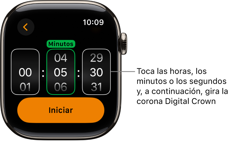 Ajustes para crear un temporizador personalizado, con la hora a la izquierda, los minutos en el medio y los segundos a la derecha. Debajo está el botón Iniciar.