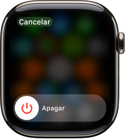 La pantalla del Apple Watch, con el regulador de apagado. Arrastra el regulador Apagar para apagar el Apple Watch.