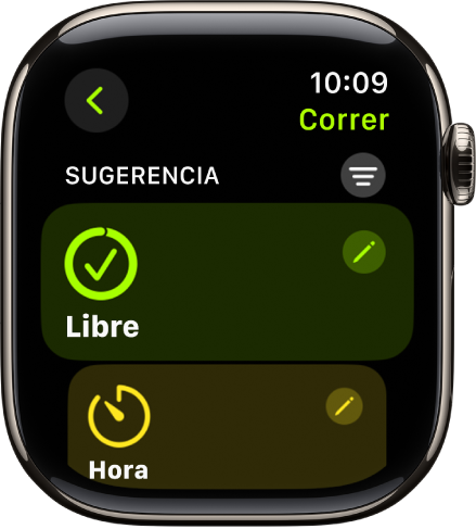 La app Entreno, con una pantalla para editar un entreno Correr. La casilla Abrir está en el centro con un botón de edición arriba a la derecha. Abajo se muestra para de una casilla con el tiempo.