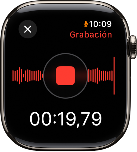 La app Notas de Voz en mitad de la grabación de una nota. En el centro hay un botón rojo Detener. Debajo está el tiempo transcurrido de la grabación. Arriba a la derecha se puede leer la palabra “Grabación”.