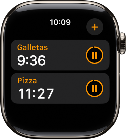 Dos temporizadores en la app Temporizadores. Cada temporizador muestra el tiempo restante debajo del nombre del temporizador y un botón Pausar a la derecha. Arriba a la derecha hay un botón Añadir.