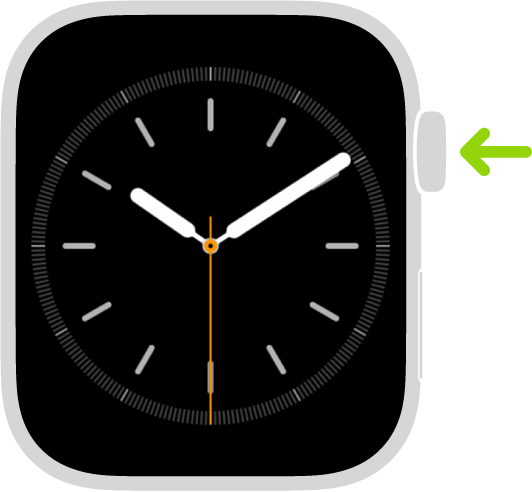 Ilustración del Apple Watch con una flecha que apunta a la corona Digital Crown arriba a la derecha.