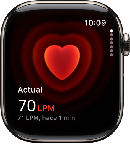 Una pantalla de Frecuencia Cardiaca con tu frecuencia cardiaca actual abajo a la izquierda y la última lectura en letra más pequeña debajo.