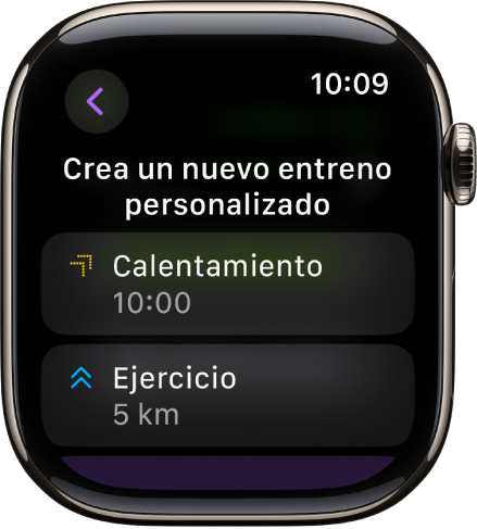 La app Entreno, con una pantalla para crear un entreno personalizado. En el centro, el icono de calentamiento con un intervalo de 10 minutos y, debajo, el icono de entreno con un intervalo de 8 kilómetros.