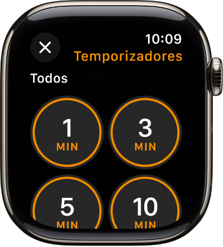 La pantalla de la app Temporizador, con el botón de añadir para crear un nuevo temporizador y temporizadores rápidos de 1, 3, 5 o 10 minutos.