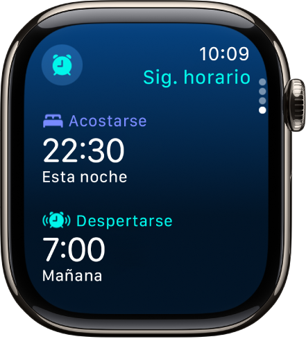 La app Sueño del Apple Watch con el horario de sueño nocturno. En la parte de arriba aparece la hora de Acostarse y, debajo, la hora de Despertarse.