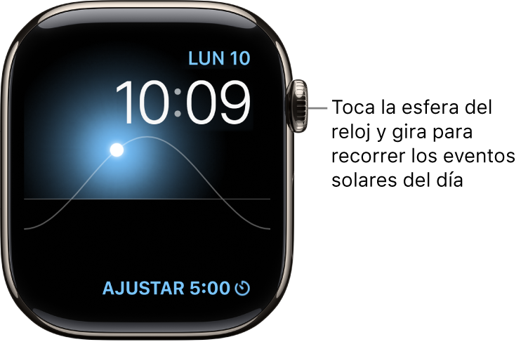 Esfera Gráfico Solar en la que se muestran el día de la semana, la fecha y la hora actual. Esta esfera no se puede personalizar. Abajo a la derecha se muestra una complicación Temporizador. Toca la esfera y gira la corona Digital Crown para cambiar la posición del sol a las fases de crepúsculo, amanecer, mediodía, puesta de sol o noche.
