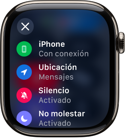 Los detalles del estado, que muestran que el iPhone está conectado, que Mensajes está usando la ubicación y que los modos Silencio y “No molestar” están activados.