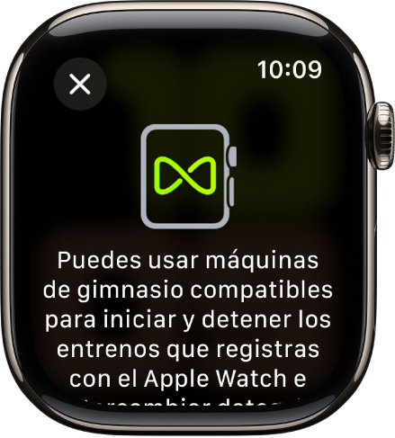 Una pantalla de enlace que aparece al enlazar el Apple Watch con las máquinas del gimnasio.