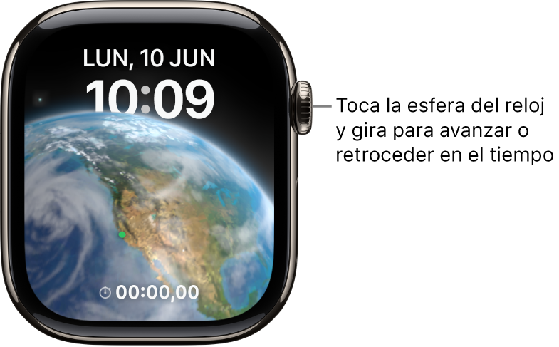 En la esfera Astronomía, se muestran el día de la semana, la fecha y la hora actual. Abajo se muestra una complicación de temporizador. Toca la esfera del reloj y gira la corona Digital Crown para avanzar y retroceder en el tiempo.