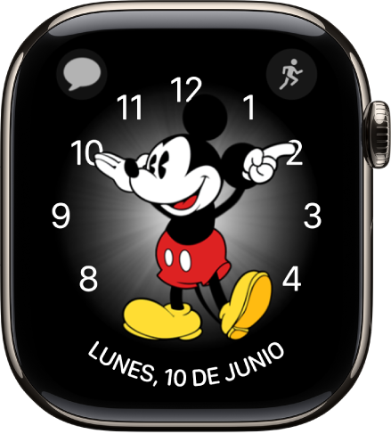Esfera Mickey Mouse a la que se pueden añadir muchas complicaciones. En ella se muestran tres complicaciones: Mensajes se muestra arriba a la izquierda, Entreno arriba a la derecha y la fecha abajo.