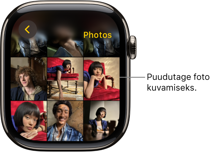 Apple Watchi rakenduse Photos põhikuva koos mitme võrgustikus kuvatava fotoga.
