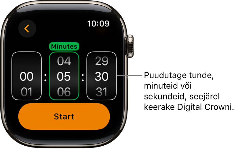 Seaded kohandatud taimeri loomiseks, tunnid vasakul, minutid keskel ning sekundid paremal. All on Start-nupp.