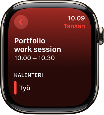 Kalenteri-näytössä näkyy uusi tapahtuma. Tapahtuman nimi on ylhäällä ja tapahtuman aika alhaalla. Tapahtuman päivämäärä on yläoikealla. Kalenterin otsikon alla on sen kalenterin nimi, johon tapahtuma kuuluu.