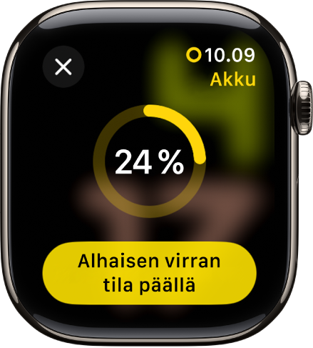 Alhaisen virran tila -näytössä näkyy varaustasoa ilmaiseva osittainen keltainen ympyrä. Alhaisen virran tila päällä ‑painike on alareunassa.