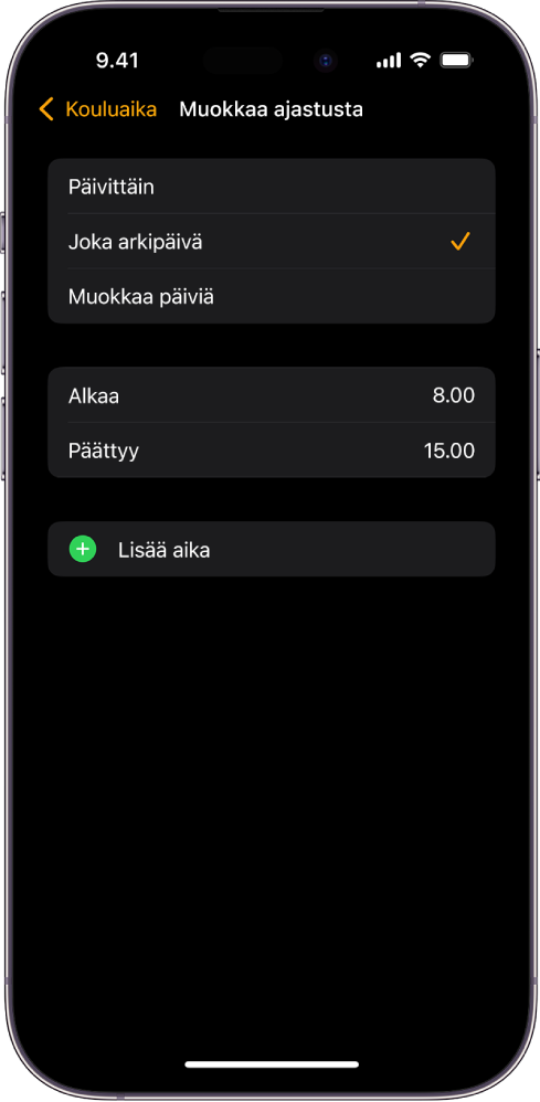 iPhone, jossa näkyy Kouluaika-ominaisuuden Muokkaa ajastusta ‑näyttö. Ylhäällä ovat vaihtoehdot Päivittäin, Joka arkipäivä ja Muokkaa päiviä, joista on valittuna Joka arkipäivä. Näytön keskellä ovat Alkaa- ja Päättyy-kellonajat, ja niiden alla on Lisää aika ‑painike.