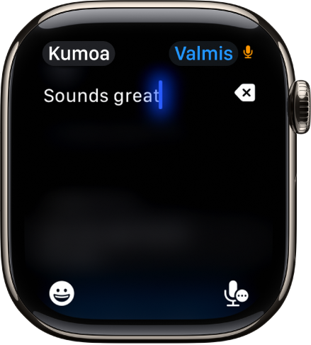 Näyttönäkymä tekstikentästä, jossa näkyvillä sanelulla luotu viesti. Näytön alareunassa ovat Emoji - ja Sanelu-painikkeet.