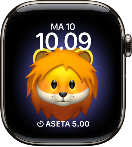 Memoji-kellotaulu, jossa voit säätää Memoji-hahmoa ja alareunan komplikaatiota. Voit animoida Memojia napauttamalla näyttöä. Päivämäärä ja aika ovat yläreunassa, ja Ajastin-komplikaatio on alimmaisena.