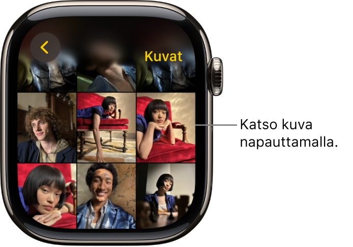 Apple Watchin Kuvat-apin päänäyttö, jossa on useita kuvia, jotka näkyvät ruudukkona.