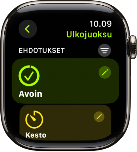 Treeni-appi, jossa näkyy Ulkojuoksu-treenin muokkaamisen näyttö. Keskellä on Avaa-laatta, ja sen oikeassa yläkulmassa on Muokkaa-painike. Osa Aika-laatasta on alla.