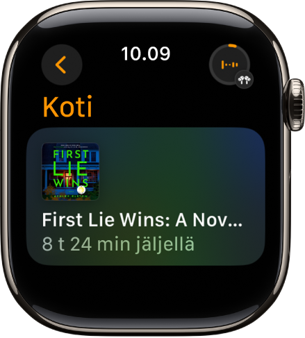 Äänikirjat-näyttö, jossa näkyy parhaillaan toistettava kirja sekä sen nimi ja jäljellä oleva aika. Toistossa nyt ‑painike on ylhäällä oikealla.
