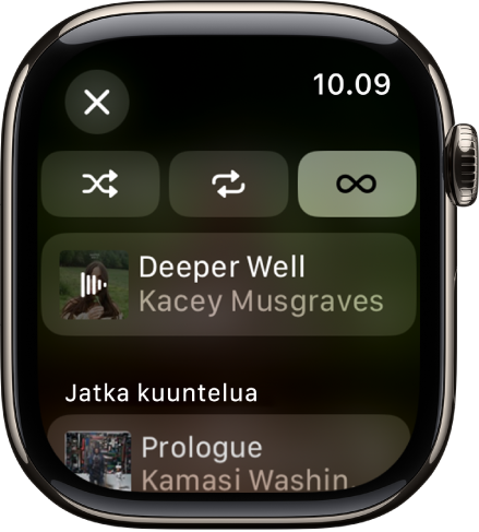 Kappalelista-ikkuna, jossa näkyy Sekoita-, Toista uudelleen- ja Automaattinen toisto -painikkeet ylhäällä ja yksi kappale niiden alla. Lähellä alareunaa näkyy yksi kappale lisää Seuraavaksi-kohdan alapuolella. Sulje-painike on ylävasemmalla.