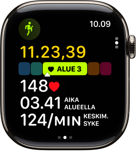 Käynnissä olevassa juoksutreenissä näkyy treeniin kulunut aika, nykyinen alue, syke, aika alueella ja keskisyke.
