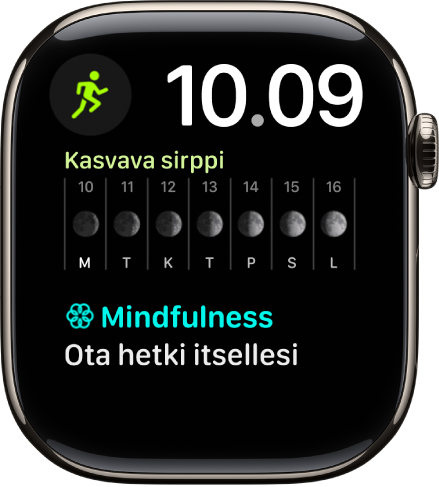 Moduulit Duo ‑kellotaulu, jossa näkyy digitaalinen kello lähellä oikeaa yläreunaa ja kolme komplikaatiota: Treeni ylävasemmalla, Kuun vaihe keskellä ja Mindfulness alhaalla.