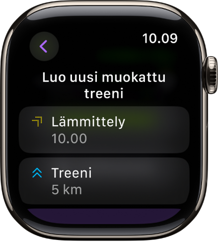 Treeni-appi, jossa näkyy uuden muokatun treenin luomisen näyttö. Lämmittely-laatta on keskellä 10 minuutin jaksolla ja Treeni-laatta on alapuolella 3 mailin jaksolla.