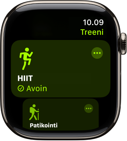 Treeni-näyttö, jossa näkyy HIIT-treeni (High Intensity Interval Training).