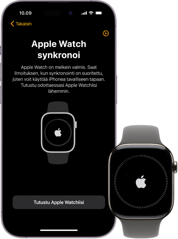 iPhone ja Apple Watch, joissa näkyy synkronointinäyttö.