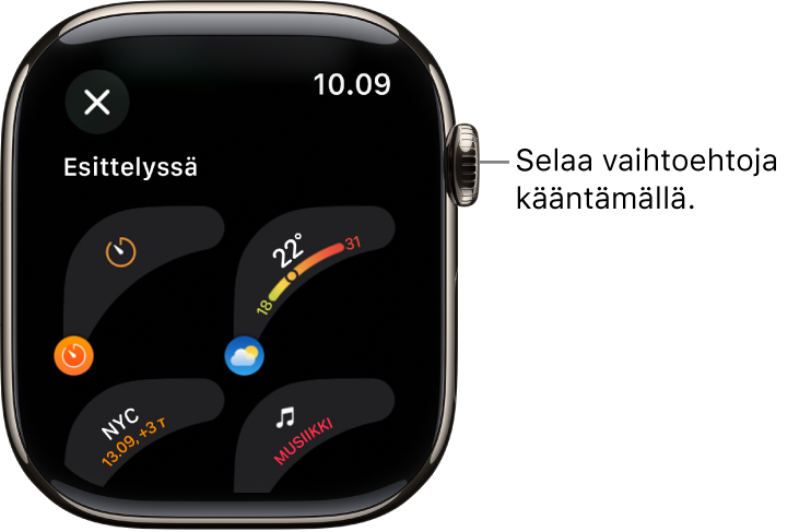 Kellotaulun muokkausnäyttö, jossa näkyvät esittelyssä olevat komplikaatiot. Selaa komplikaatioita kääntämällä Digital Crownia.