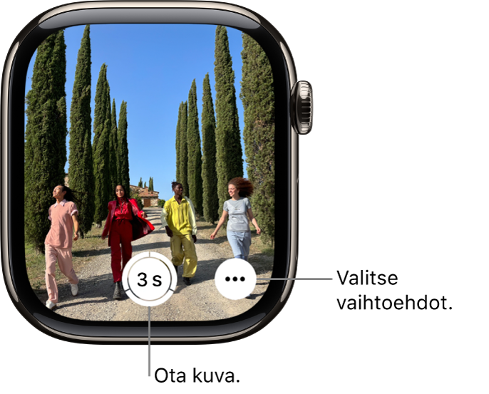 Apple Watchin näytöllä näkyy iPhonen kameran näkymä. Suljinpainike on alhaalla keskellä. Lisävalinnat-painike on alhaalla oikealla.