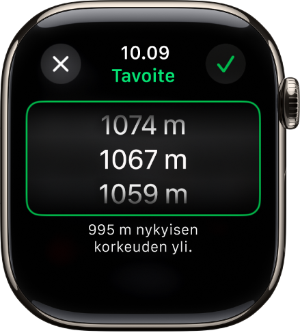 Kompassi-apissa näkyy Tavoitakorkeus-näyttö. Korkeuserojen selausluettelo näkyy näytön keskellä. Luettelon alla kerrotaan, kuinka paljon nykyisen korkeuden ala- tai yläpuolella valittu korkeus on. Ylimpänä ovat Sulje- ja Tarkista-painikkeet.