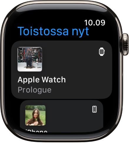 Toistossa nyt -apissa näkyy laitteiden luettelo. Apple Watchissa toistuva musiikki on luettelon yläosassa. iPhone näkyy alempana.