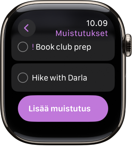 Muistutukset-appi, jossa näkyy kaksi muistutusta. Muistutukset ovat lähellä näytön yläreunaa, ja niiden alla on Lisää muistutus -painike.