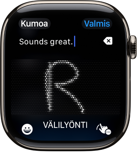Näyttönäkymä tekstikentästä, jossa näkyvillä Kirjoitus-toiminnolla kirjoitettu viesti. Näytön alareunassa ovat Emoji- ja Kirjoitus-painikkeet.