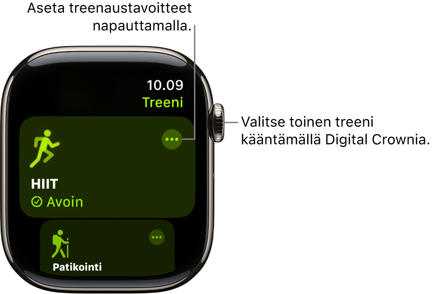 Treeni-näyttö, jossa HIIT-treeni (High Intensity Interval Training) korostettuna. Muut-painike on treenilaatassa ylhäällä oikealla.