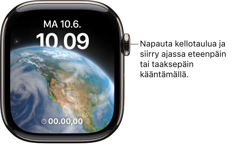 Avaruus-kellotaulu, jossa näkyy päivä, päivämäärä ja nykyinen aika. Ajastinkomplikaatio on alhaalla. Napauta kellotaulua ja siirry sitten ajassa eteen- tai taaksepäin kääntämällä Digital Crownia.
