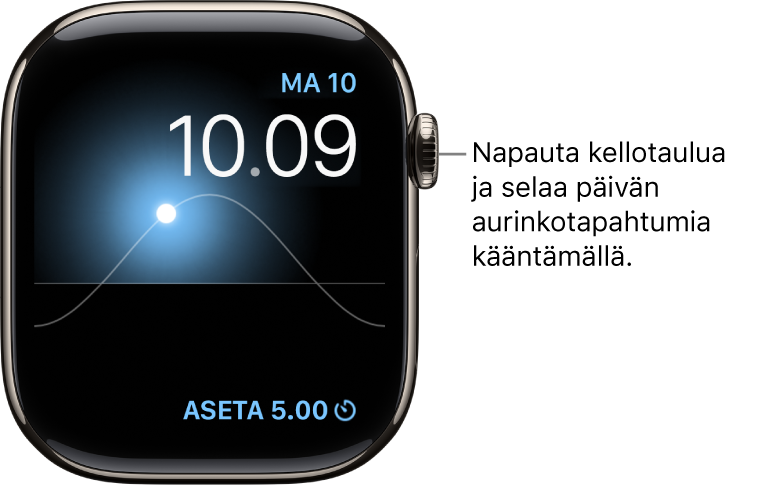 Aurinkograafi-kellotaulu, jossa näkyy päivä, päivämäärä ja nykyinen aika, jota ei voi muuttaa. Ajastin‑komplikaatio näkyy alaoikealla. Napauta kellotaulua ja siirrä sitten aurinkoa taivaalla Digital Crownia kääntämällä hämärään, sarastukseen, lakipisteeseen, auringonlaskuun ja pimeyteen.