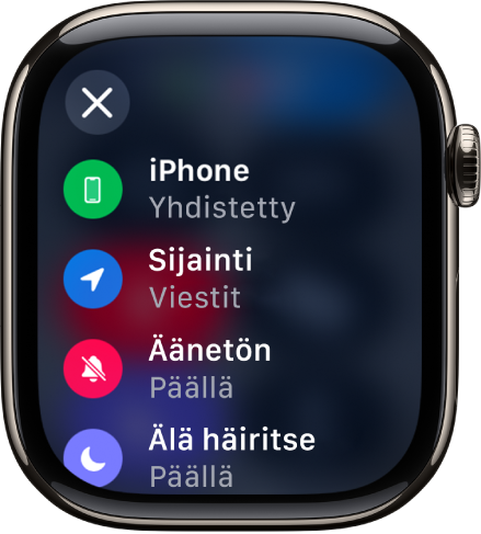 Tilan lisätiedoissa näkyy iPhone yhdistetty, sijainti Viestit-apin käytössä, hiljainen tila päällä ja Älä häiritse päällä.