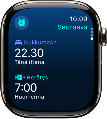 Apple Watchin Uni-appi, jossa näkyy illan uniaikataulu. Nukkumaanmenoaika näkyy ylhäällä ja herätysaika on sen alla.