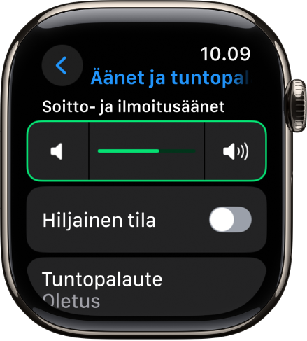 Äänet ja tuntopalaute -asetukset Apple Watchissa: Ilmoitusten äänenvoimakkuus -liukusäädin yllä ja Hiljainen tila -kytkin sen alla.