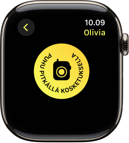 Radiopuhelin-näyttö, jossa näkyy keskellä suuri Puhu-painike. Puhu-painikkeessa lukee ”Puhu pitkällä kosketuksella”.