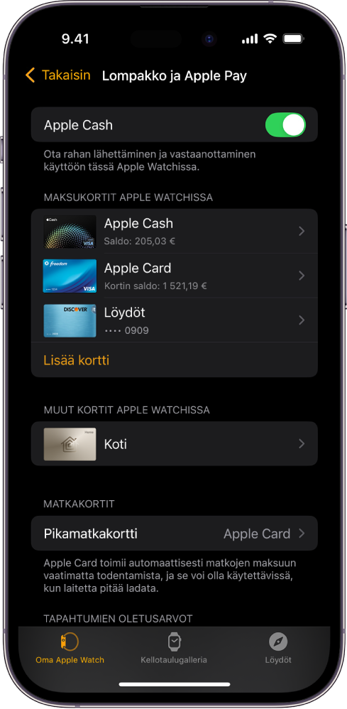 iPhonen näyttö, jossa näkyvät Lompakko ja Apple Pay -asetukset Apple Watch ‑apissa.