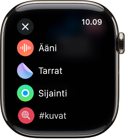 Viestit-näytöllä näkyvät liitevalinnat, kuten ääni, tarrat, sijainti ja kuvat.