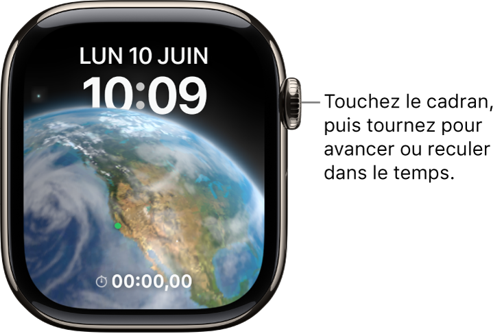 Cadran Astronomie, qui montre le jour, la date et l’heure. Une complication de minuteur se trouve en bas. Touchez le cadran, puis tournez la Digital Crown pour avancer ou reculer dans le temps.