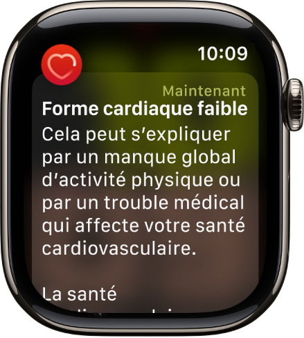 Une alerte de Fréquence cardiaque, qui signale une forme cardiaque faible.